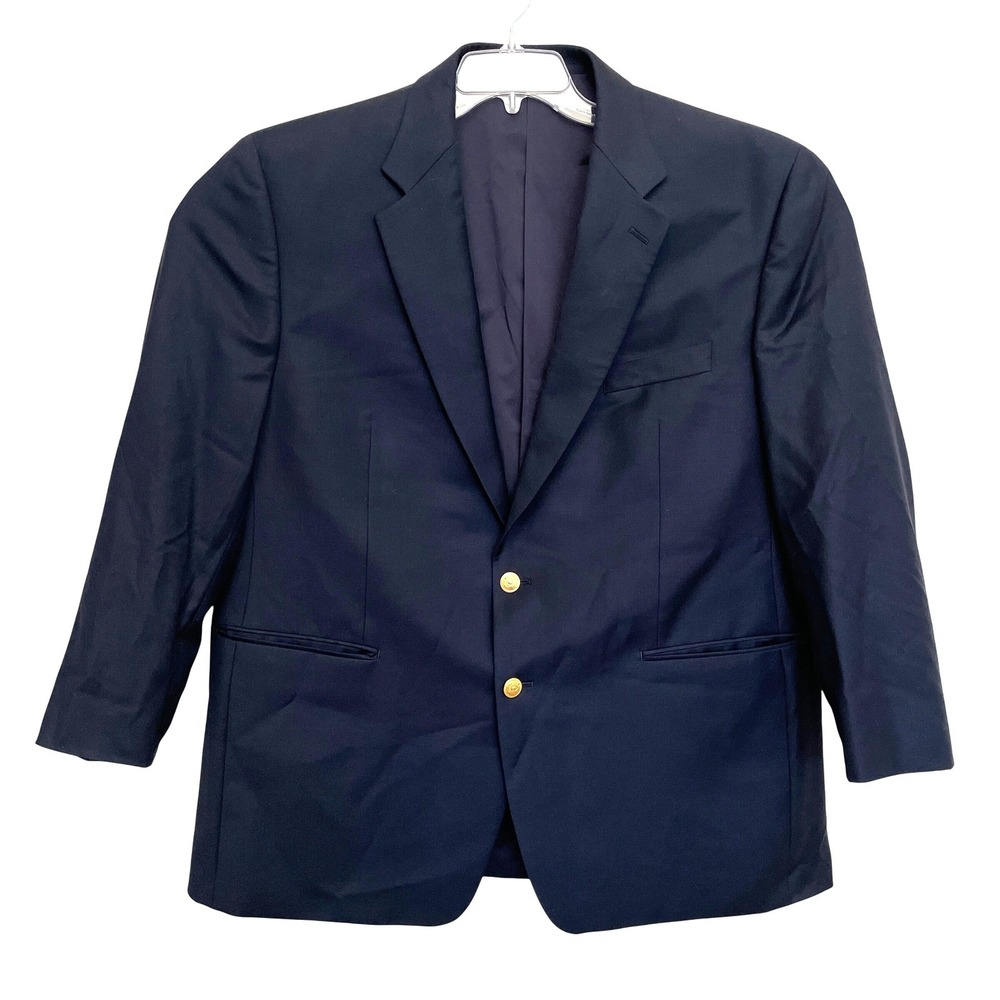 Lauren Ralph Lauren Mens Navy Blue 100% Wool Blazer Gold Crest Buttons 48R